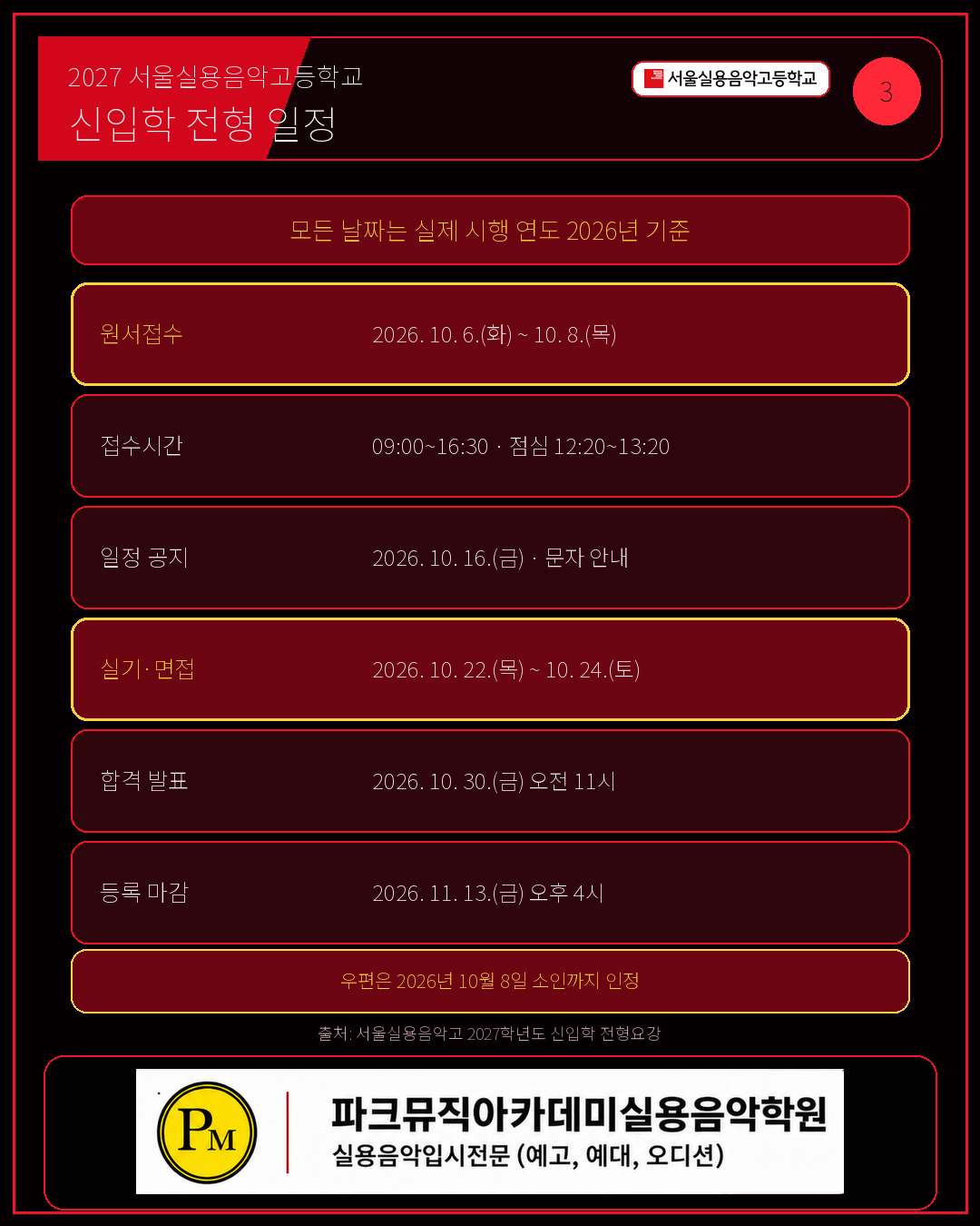 서울실용음악고등학교 원서접수는 2026년 10월 6일부터 8일까지입니다